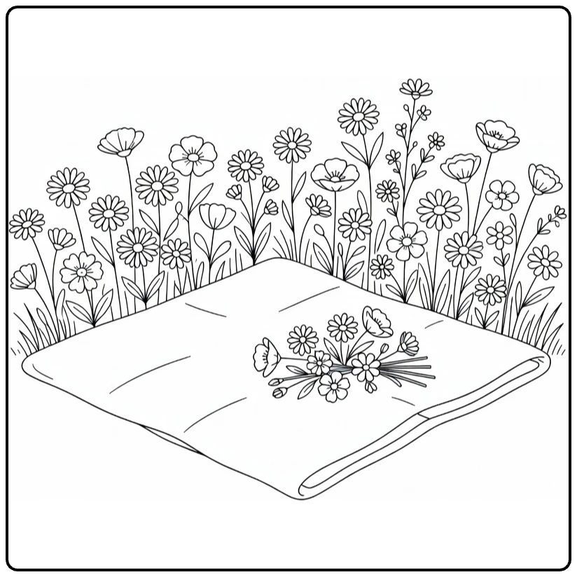 Field flower coloring page showing a picnic blanket by the flowers