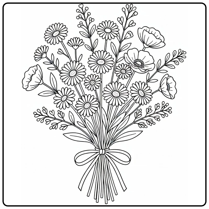 Field flower coloring page featuring a mixed bouquet tied with ribbon