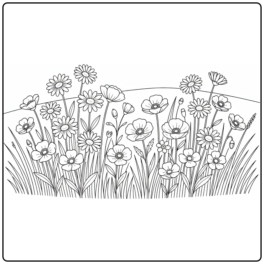 Field flower coloring page showing mixed blossoms in a meadow