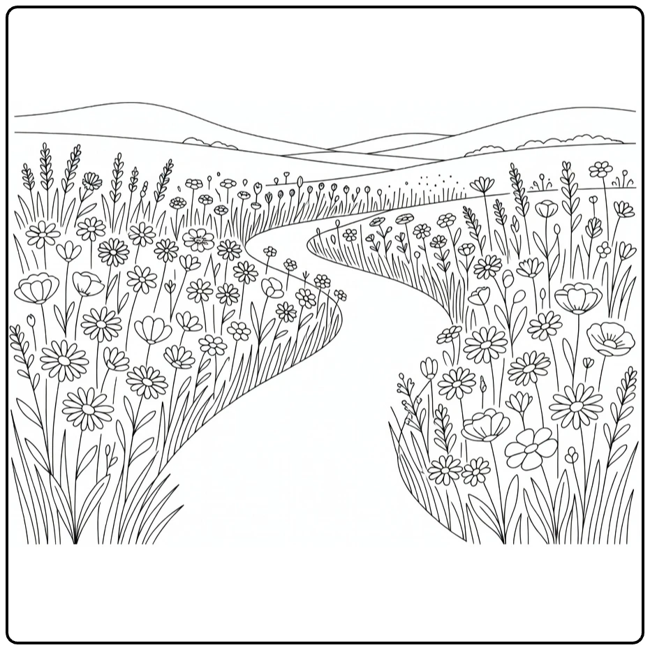Field flower coloring page showing a path through a blooming meadow