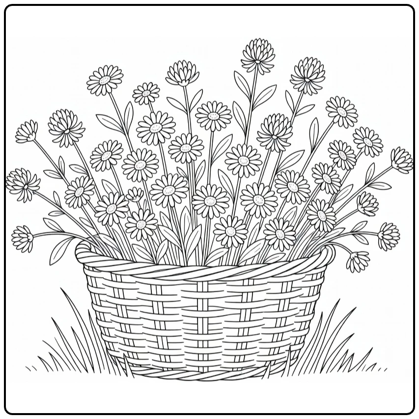 Field flower coloring page featuring a basket full of meadow flowers
