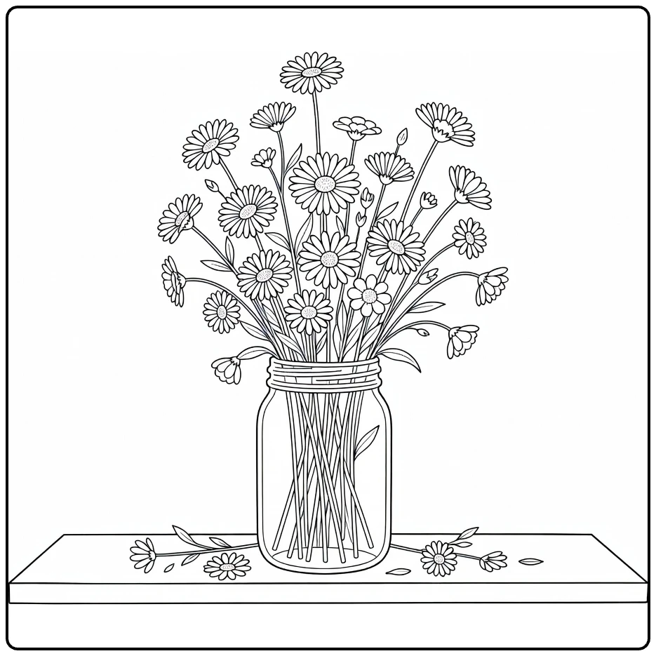 Field flower coloring page showing flowers in a jar on a windowsill