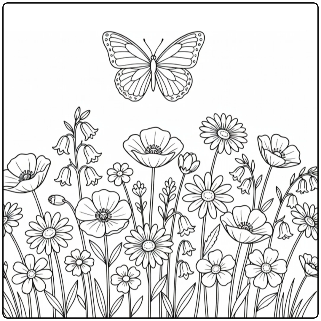 Field flower coloring page featuring a butterfly above the flowers