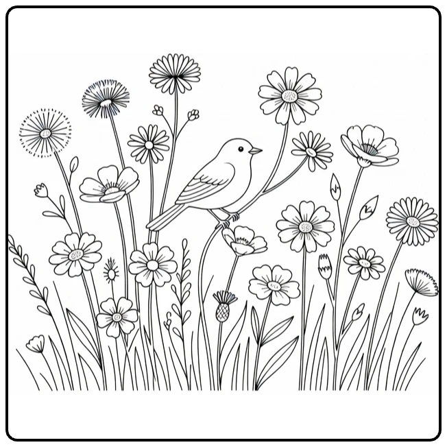 Field flower coloring page showing a bird among meadow blooms
