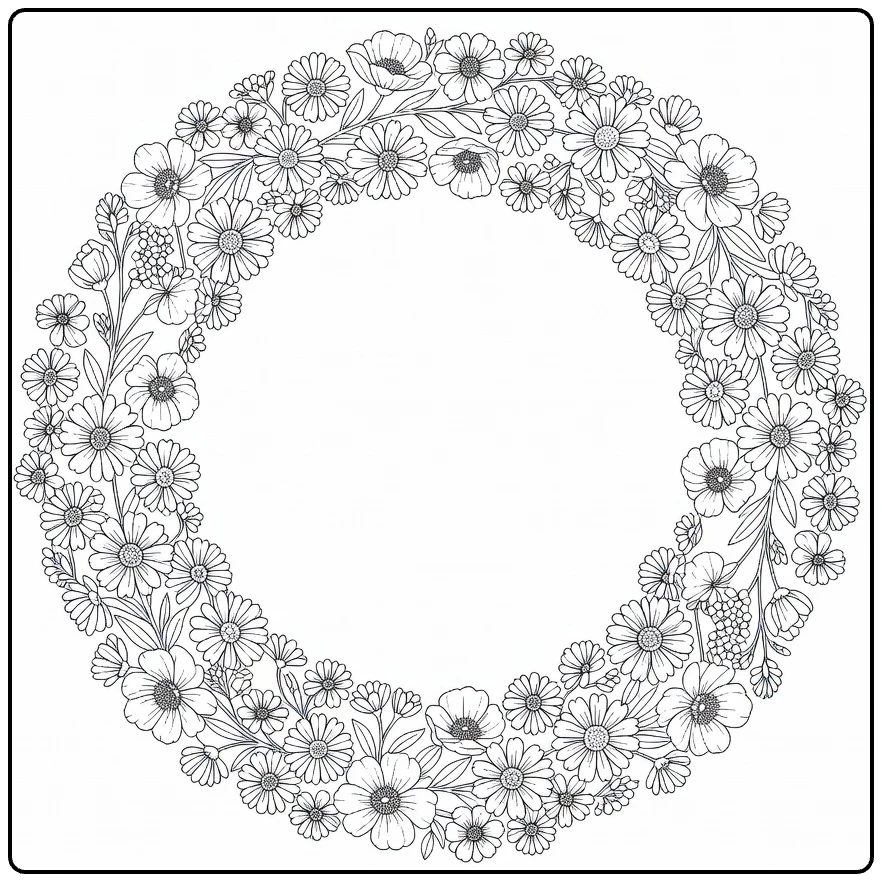 Decorative field flower coloring page with a circular floral border
