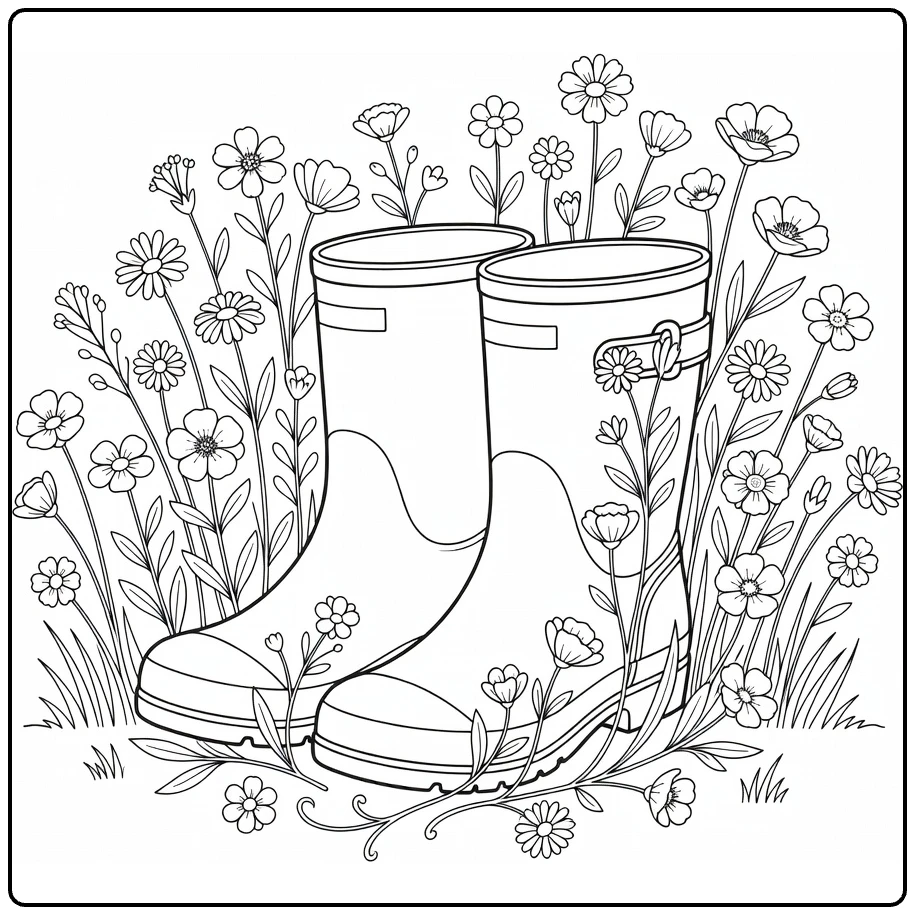 Field flower coloring page featuring boots surrounded by blossoms