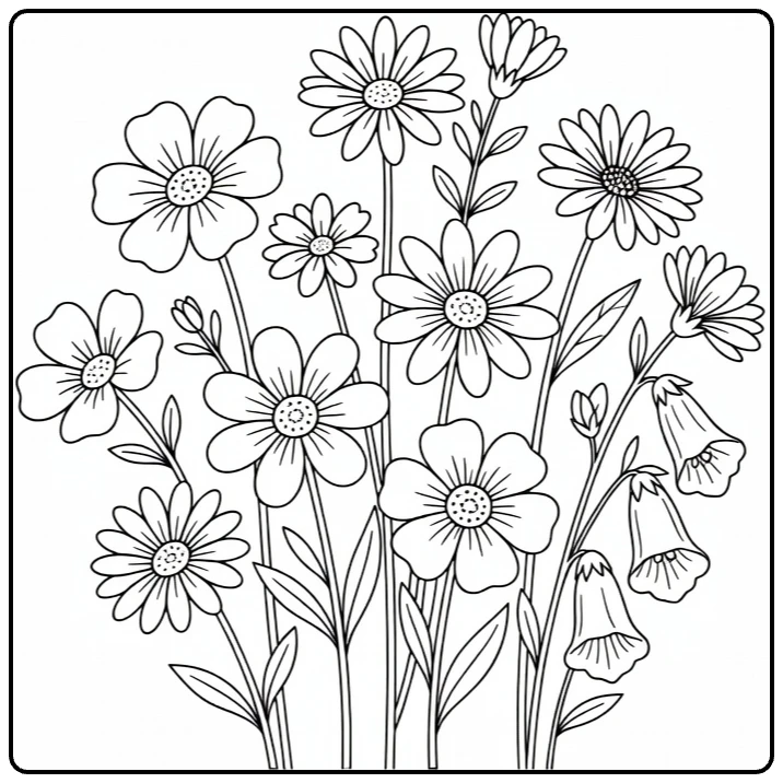 Botanical field flower coloring page featuring varied flower forms
