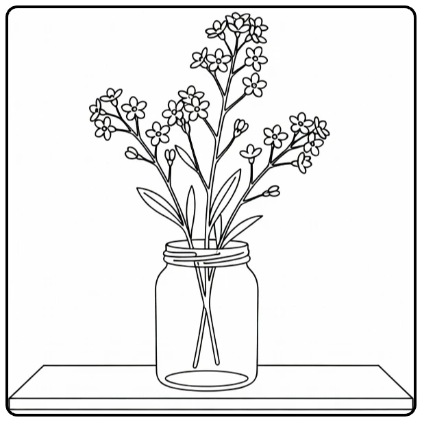Forget-me-not coloring page showing flowers in a glass jar