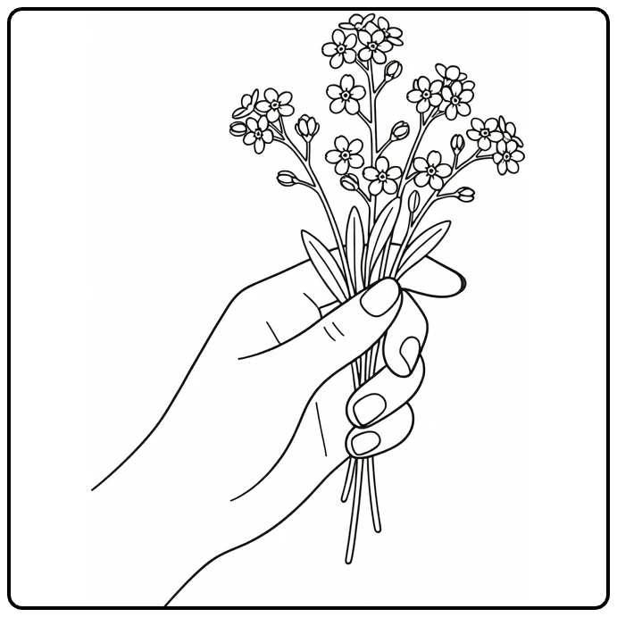 Forget-me-not coloring page featuring a hand holding flowers