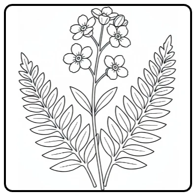 Botanical forget-me-not coloring page with flowers and fern leaves