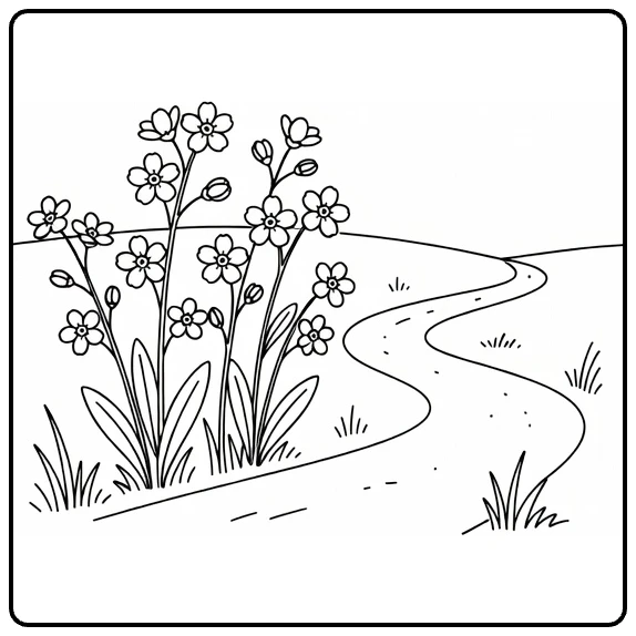 Forget-me-not coloring page featuring flowers along a winding path
