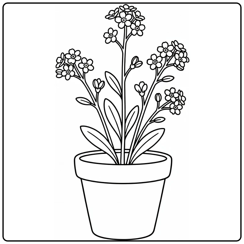 Potted forget-me-not coloring page with tiny clustered flowers