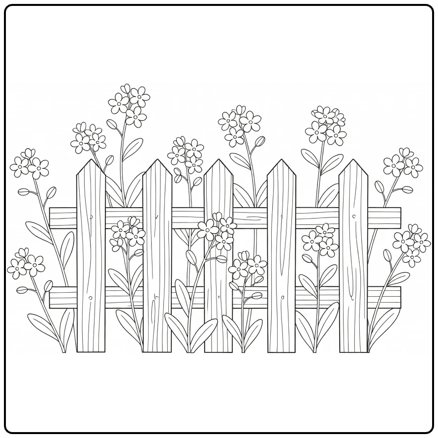 Garden forget-me-not coloring page featuring flowers by a fence