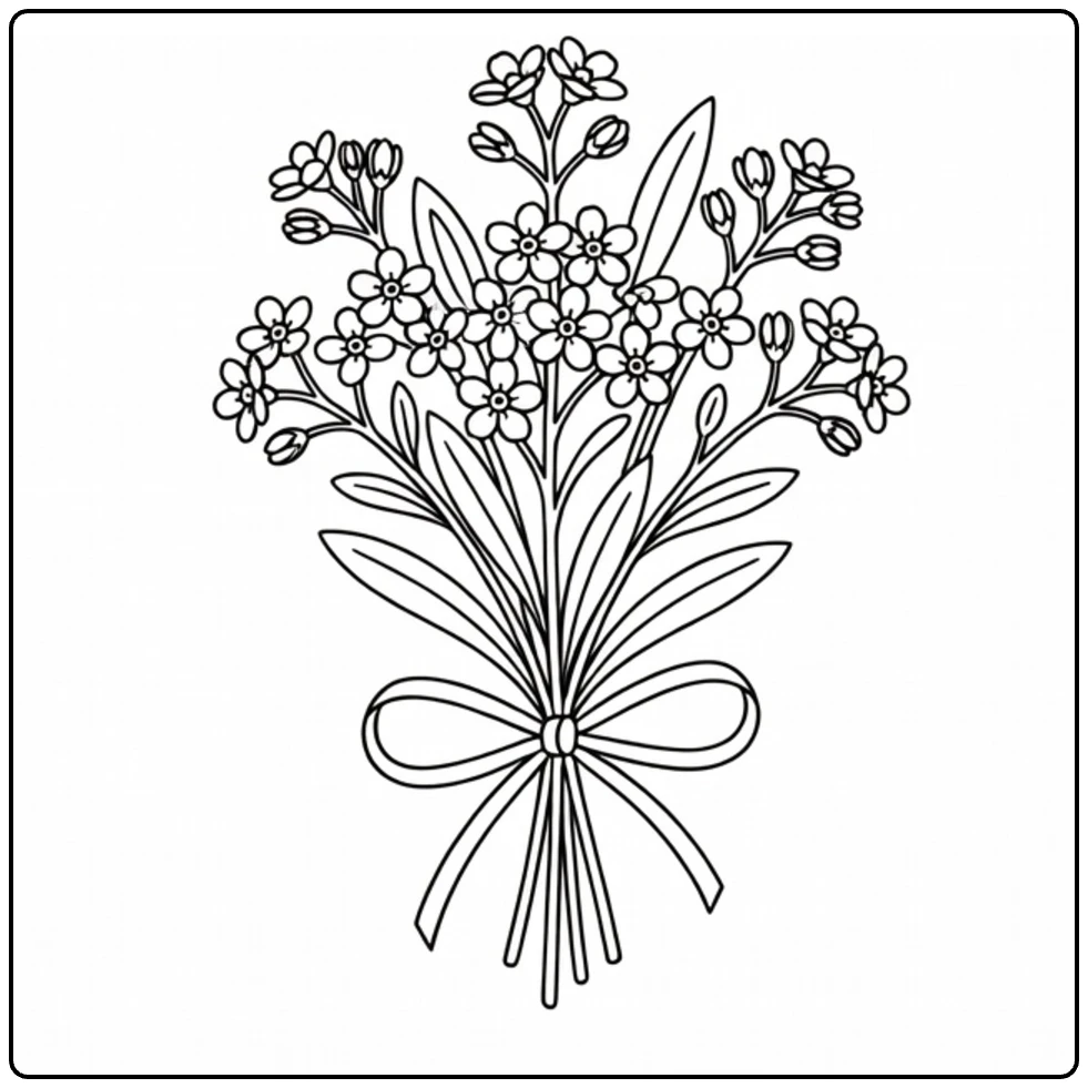 Forget-me-not coloring page showing a flower bouquet tied with ribbon