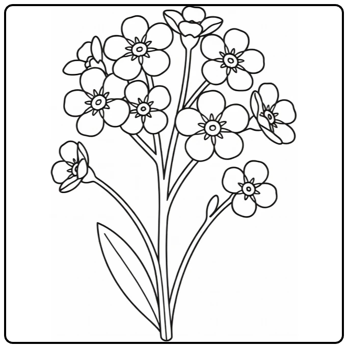 Close-up forget-me-not coloring page with blossoms and leaves
