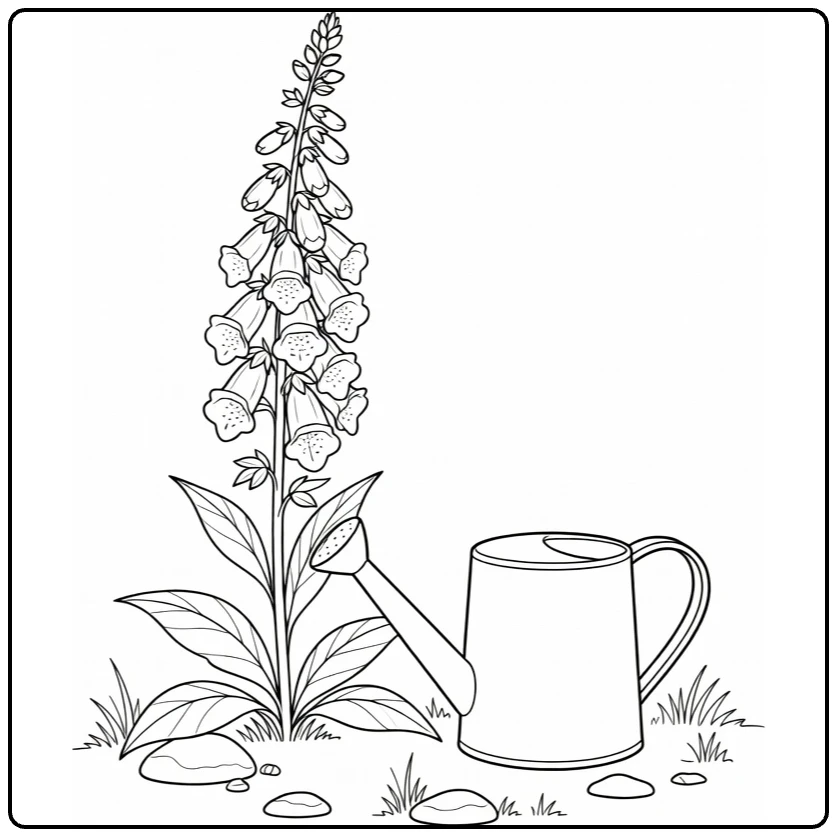Foxglove coloring page featuring a flower and watering can