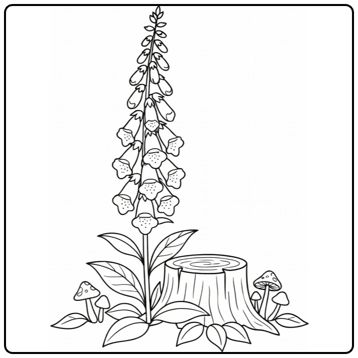 Foxglove coloring page featuring a flower near a stump and mushrooms