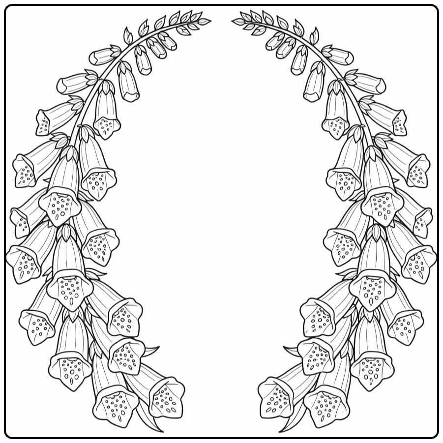 Foxglove coloring page showing a decorative frame of flowers