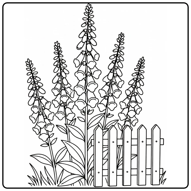 Foxglove coloring page featuring flowers next to a fence