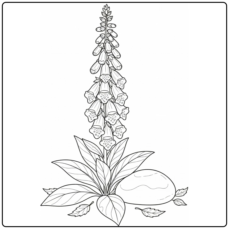 Foxglove coloring page showing a plant and garden stone