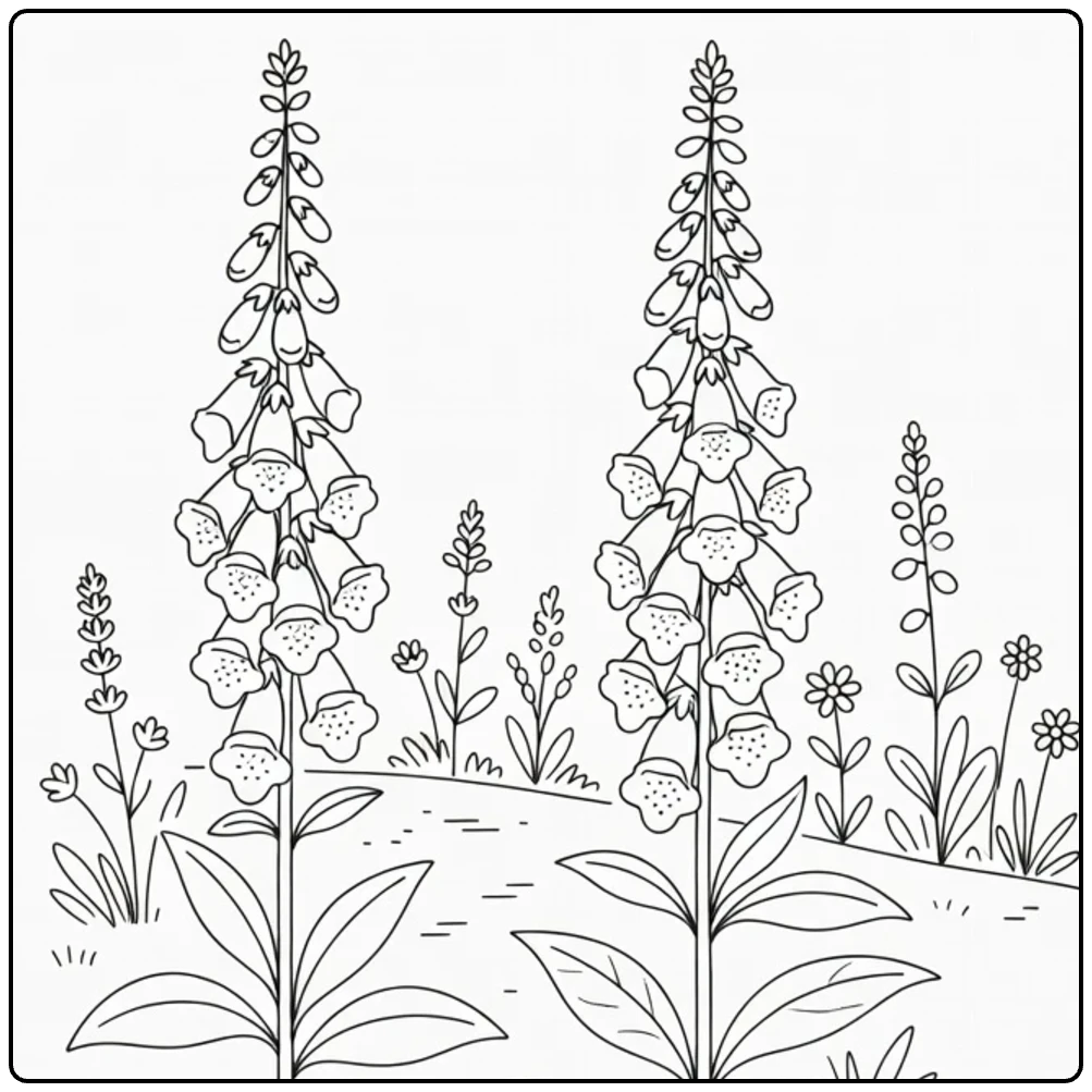 Foxglove coloring page featuring two flowers along a garden path