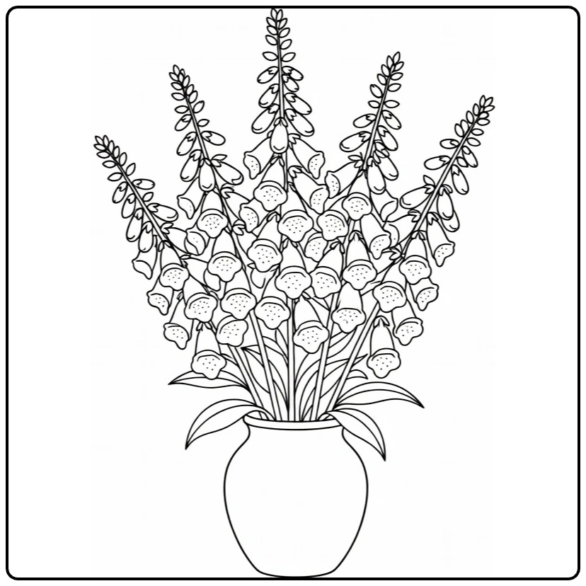 Foxglove coloring page featuring flowers arranged in a vase