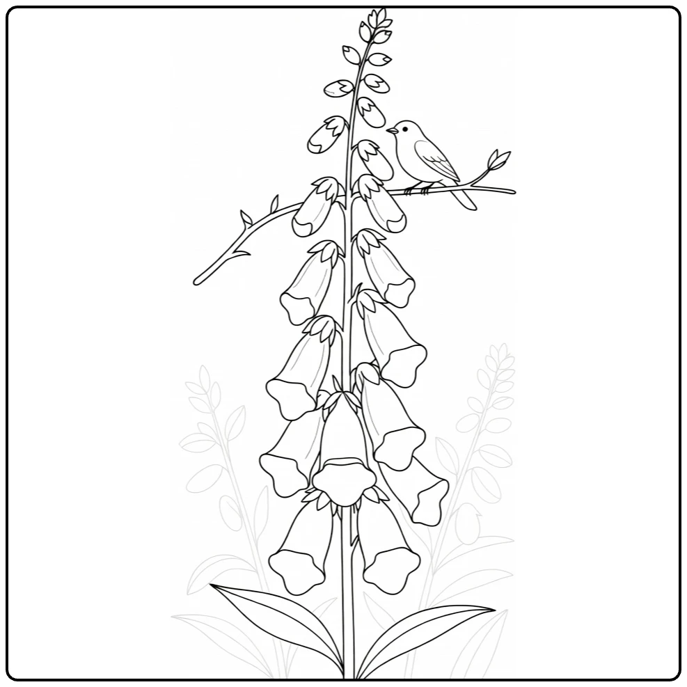 Foxglove coloring page featuring a bird beside the flower spike