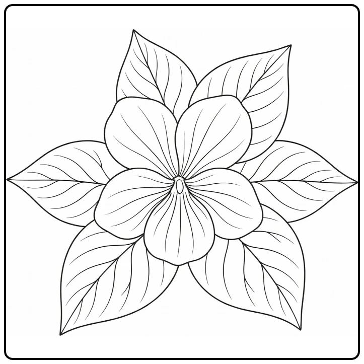 Pansy coloring page featuring one flower surrounded by veined leaves