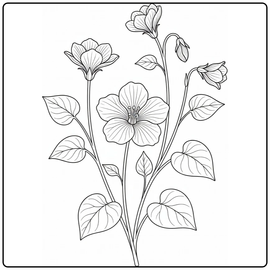 Botanical pansy coloring page showing a flower, buds, and leaves