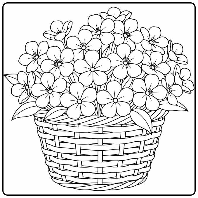 Pansy coloring page featuring a basket packed with blossoms