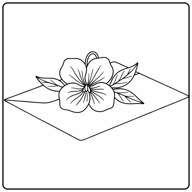 Pansy coloring page featuring a flower arranged on a greeting card