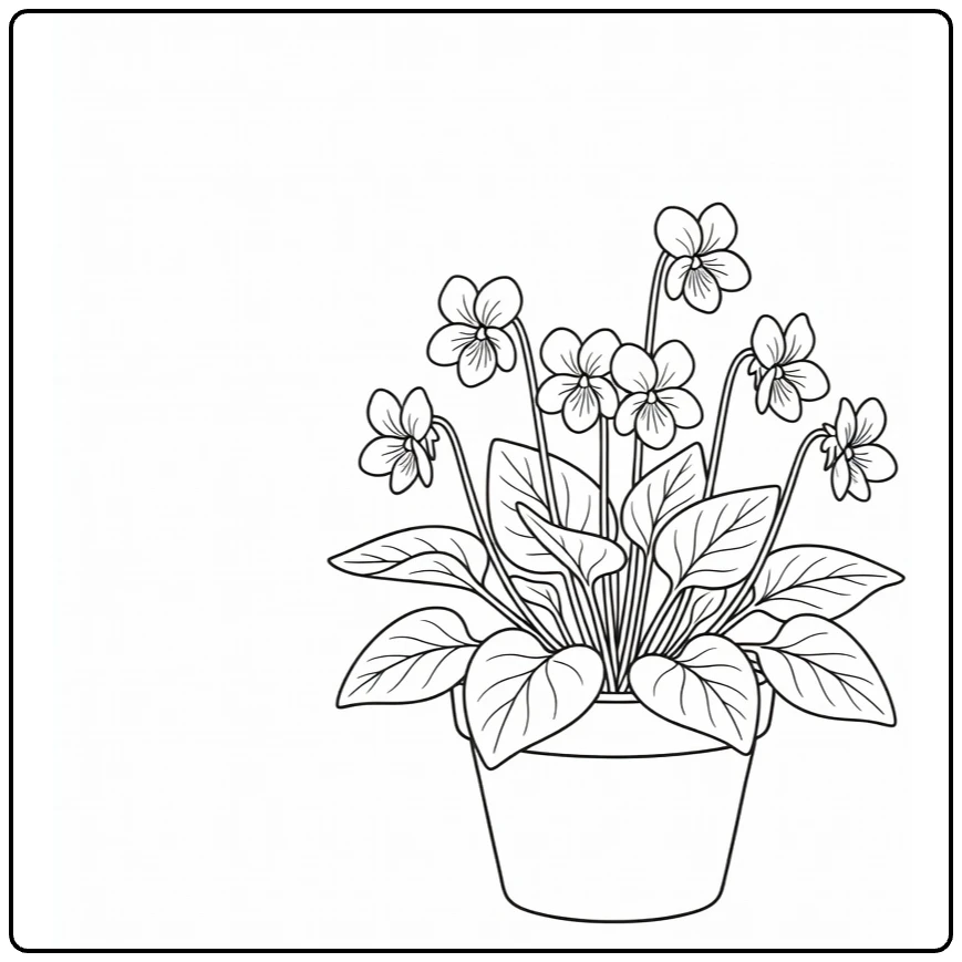 Potted pansy coloring page featuring several flowers in a ceramic pot
