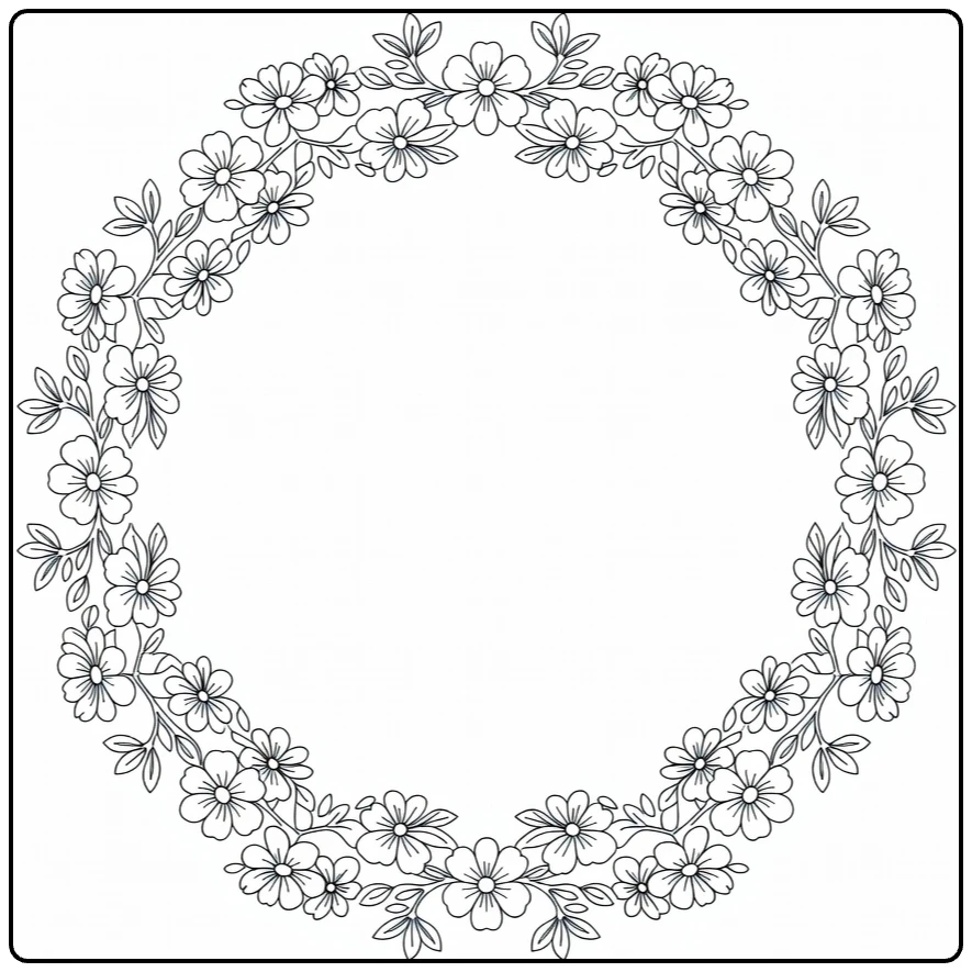 Decorative pansy coloring page with a circular floral border
