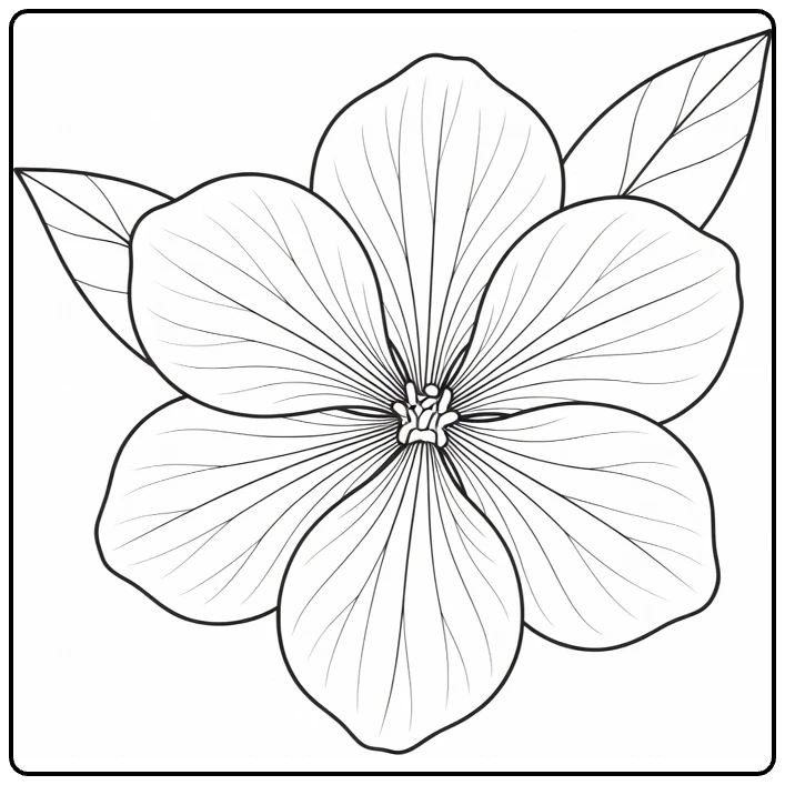 Detailed pansy coloring page with five rounded petals and leaf veins
