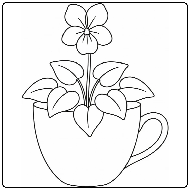 Whimsical pansy coloring page featuring a flower planted in a tea cup