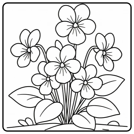Garden pansy coloring page showing a cluster of flowers and leaves