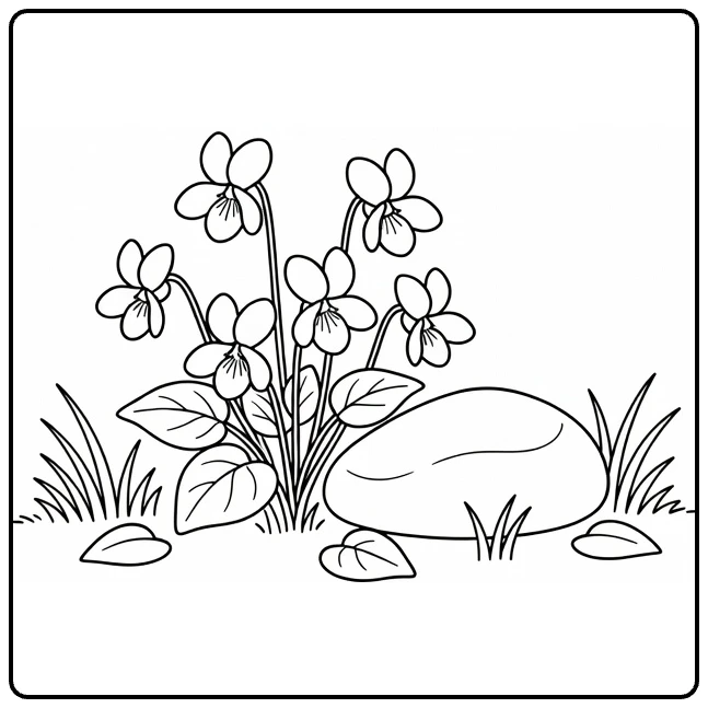 Pansy coloring page featuring flowers blooming beside a stone