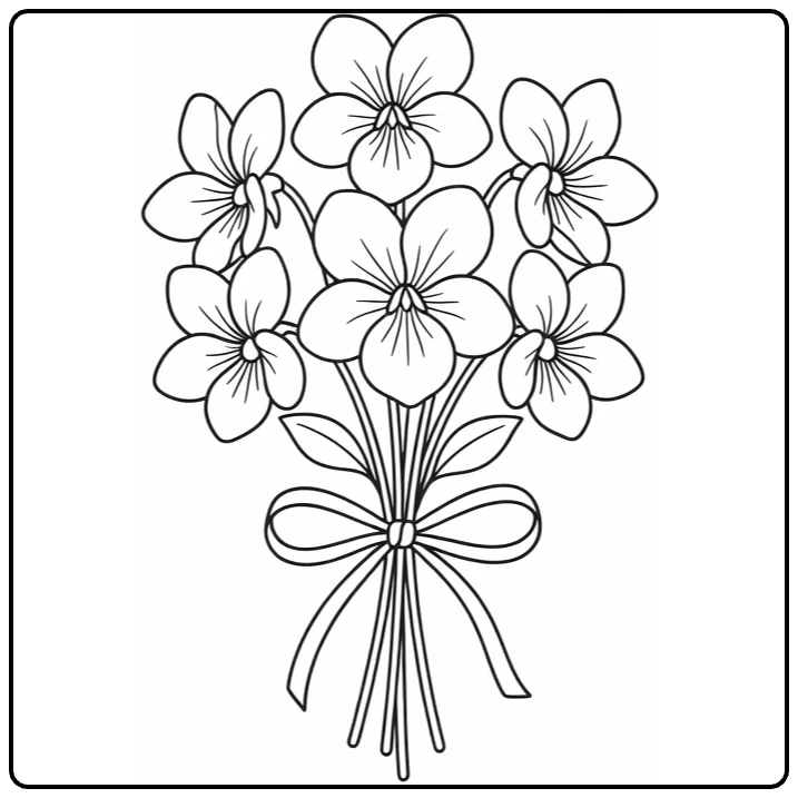 Pansy coloring page showing a flower bouquet tied with ribbon