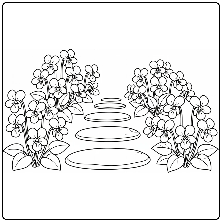 Garden pansy coloring page showing flowers beside a stone walkway