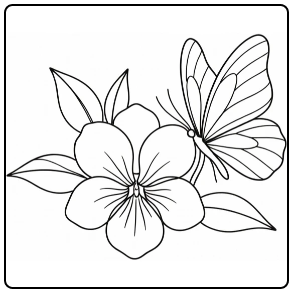 Pansy coloring page with a butterfly resting near the blossom