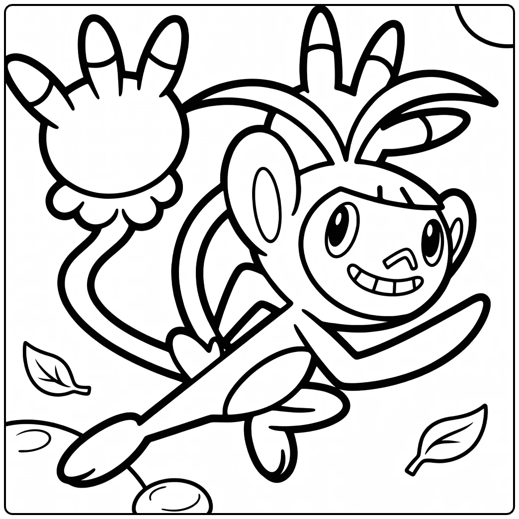 cheerful ambipom coloring page in action with bladeren