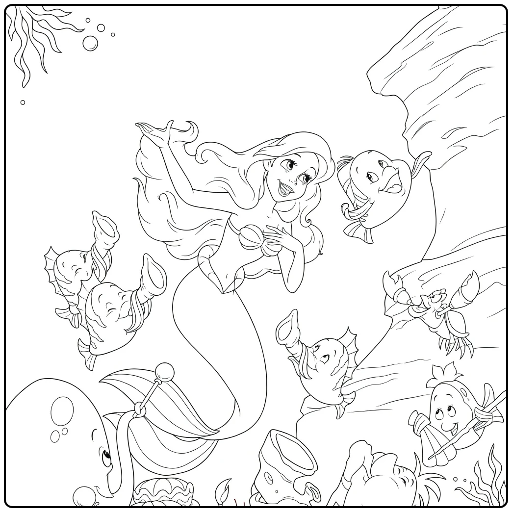 Cheerful Ariel Mermaid Floating with Fish coloring page