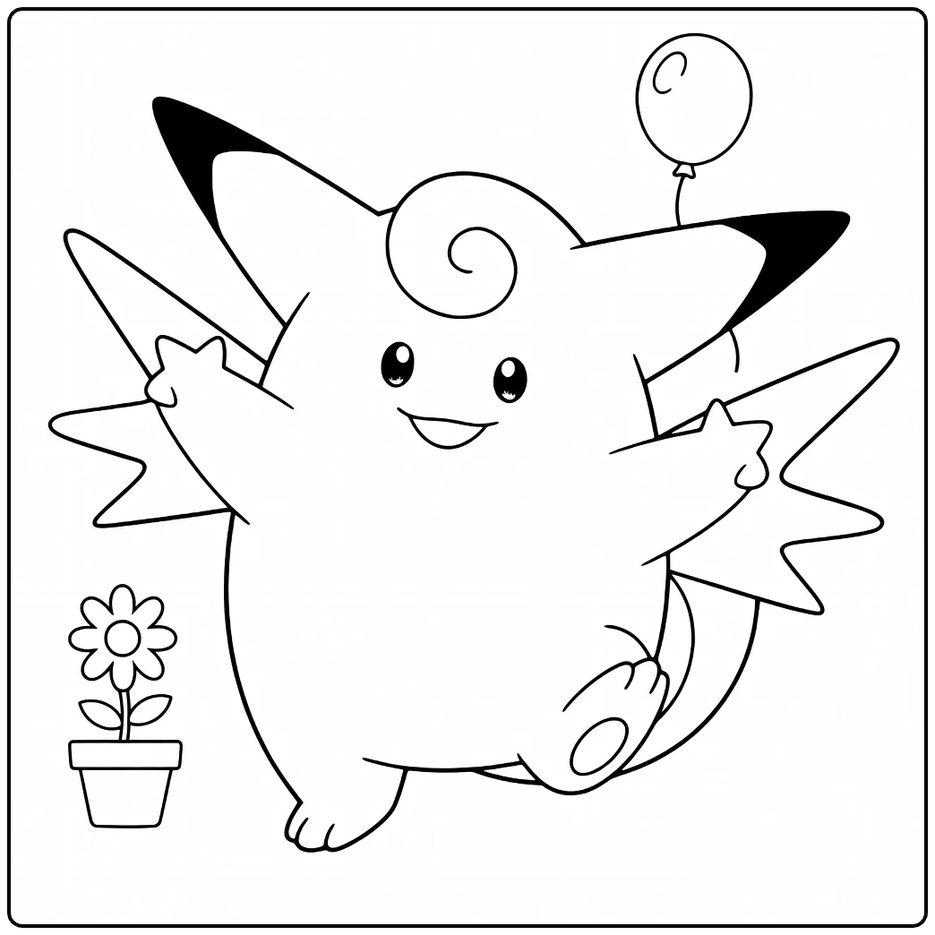Cheerful Clefable Balloon and Flower coloring page