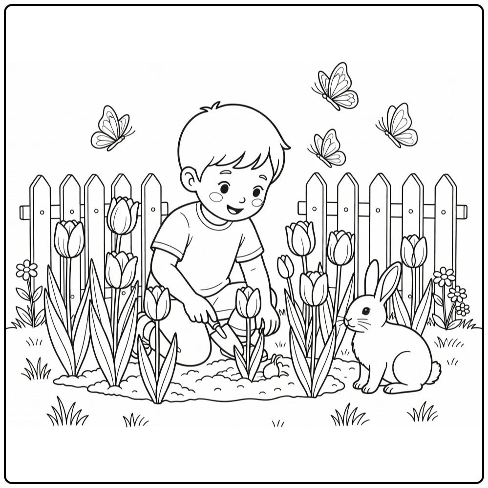 Spring coloring page showing a child among tulips, butterflies, and a rabbit
