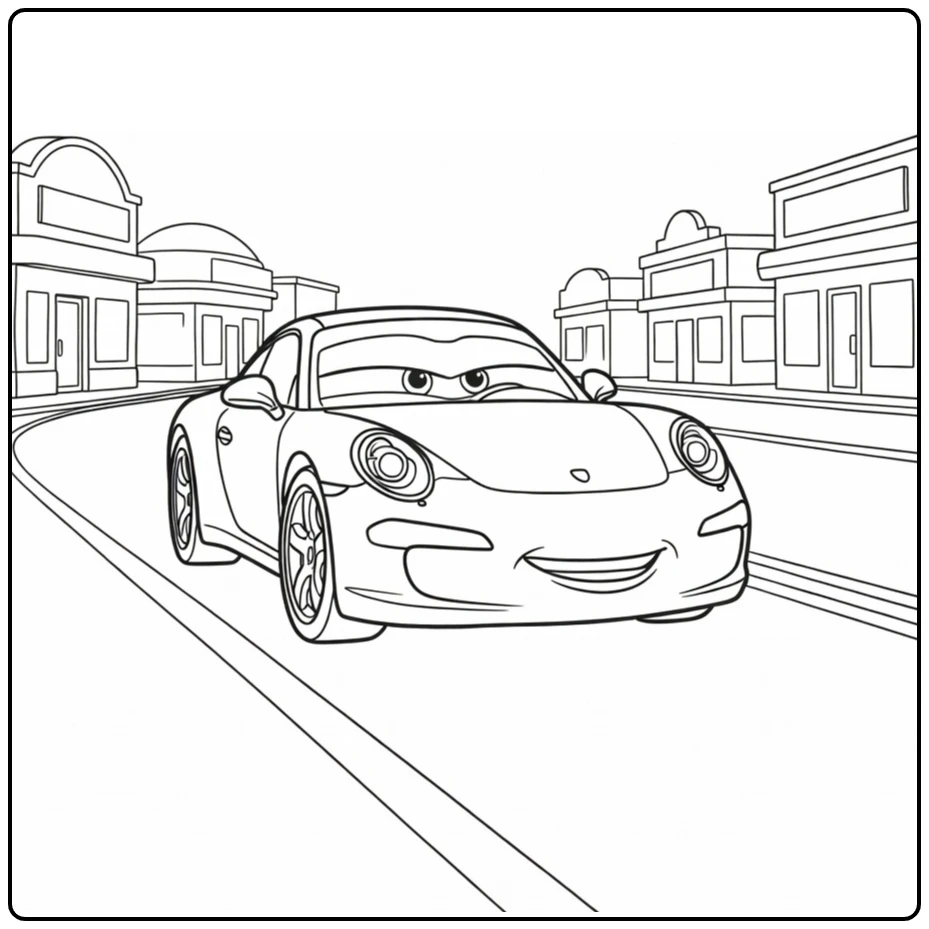 Sally Carrera coloring page cruising through Radiator Springs