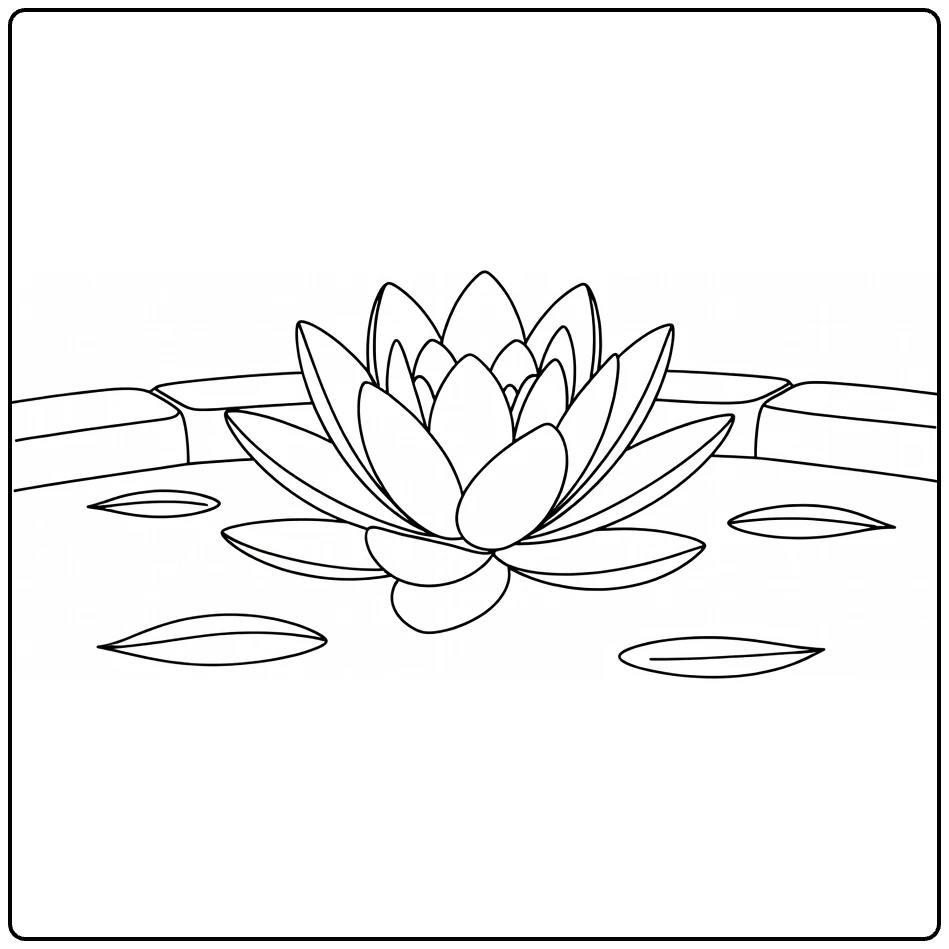 Water lily coloring page showing a flower in a stone-edged pond