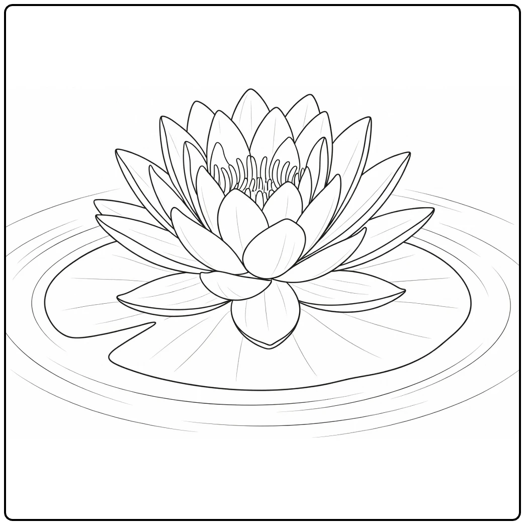 Close-up water lily coloring page with layered petals and lily pad