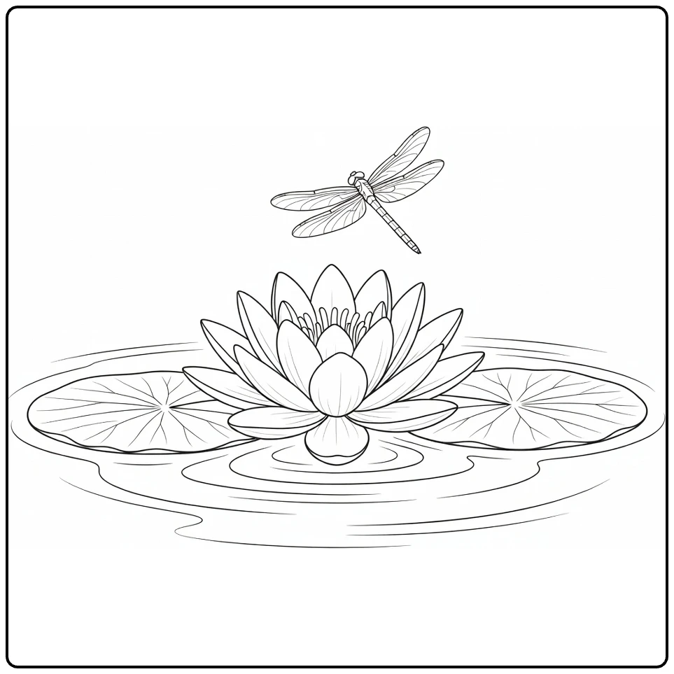Water lily coloring page featuring a dragonfly above the flower