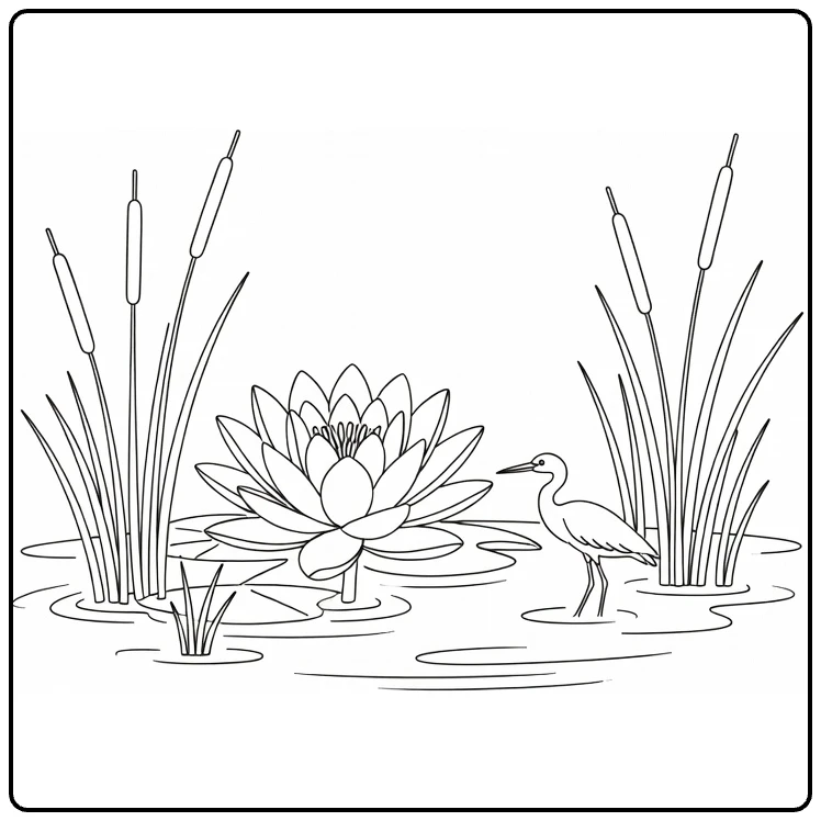 Water lily coloring page showing a bird by a pond flower
