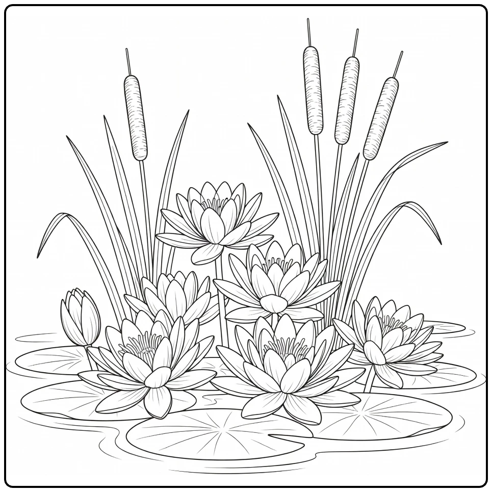 Water lily coloring page featuring pond flowers and cattails